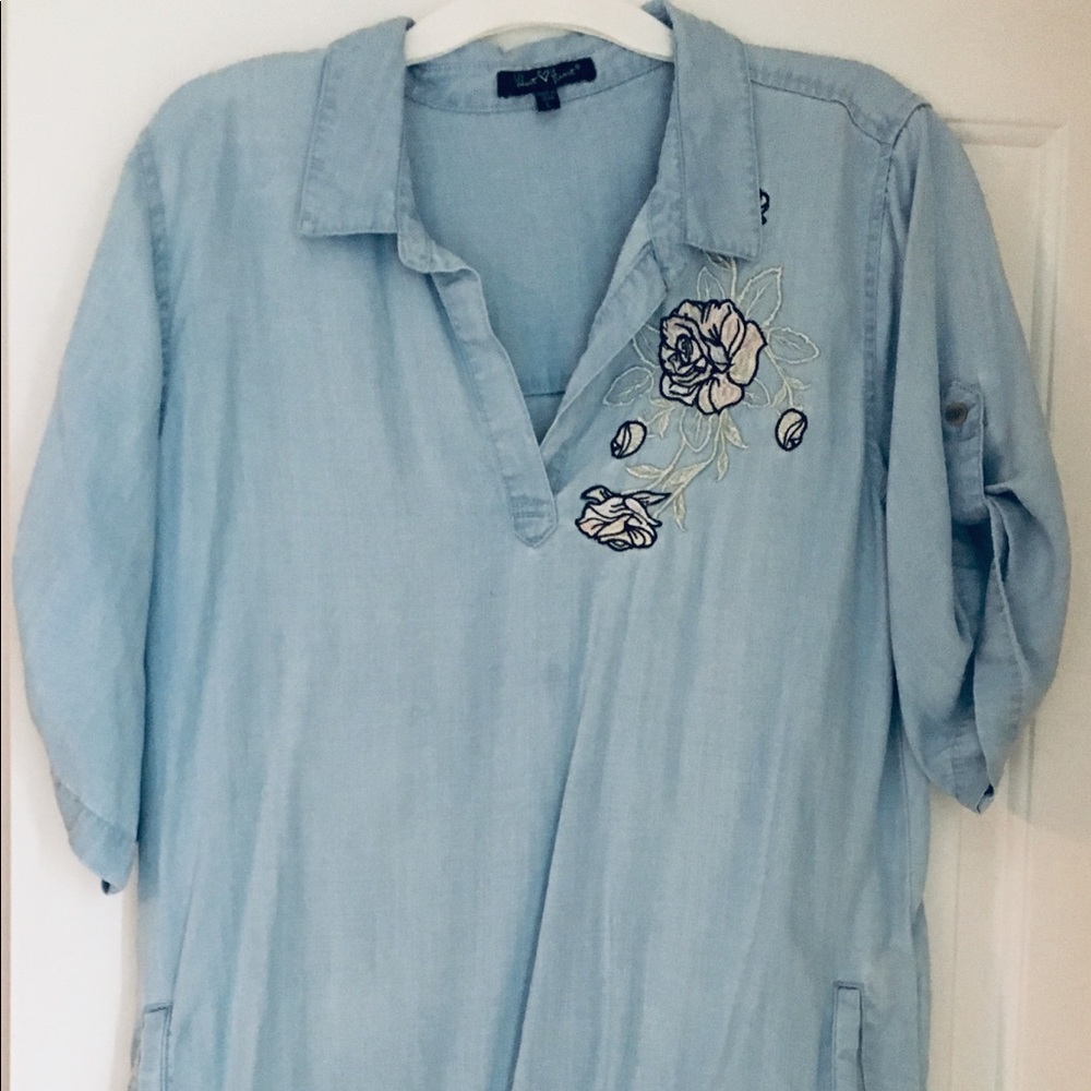 Soft boho denim/jean dress w/ embroidered flowers